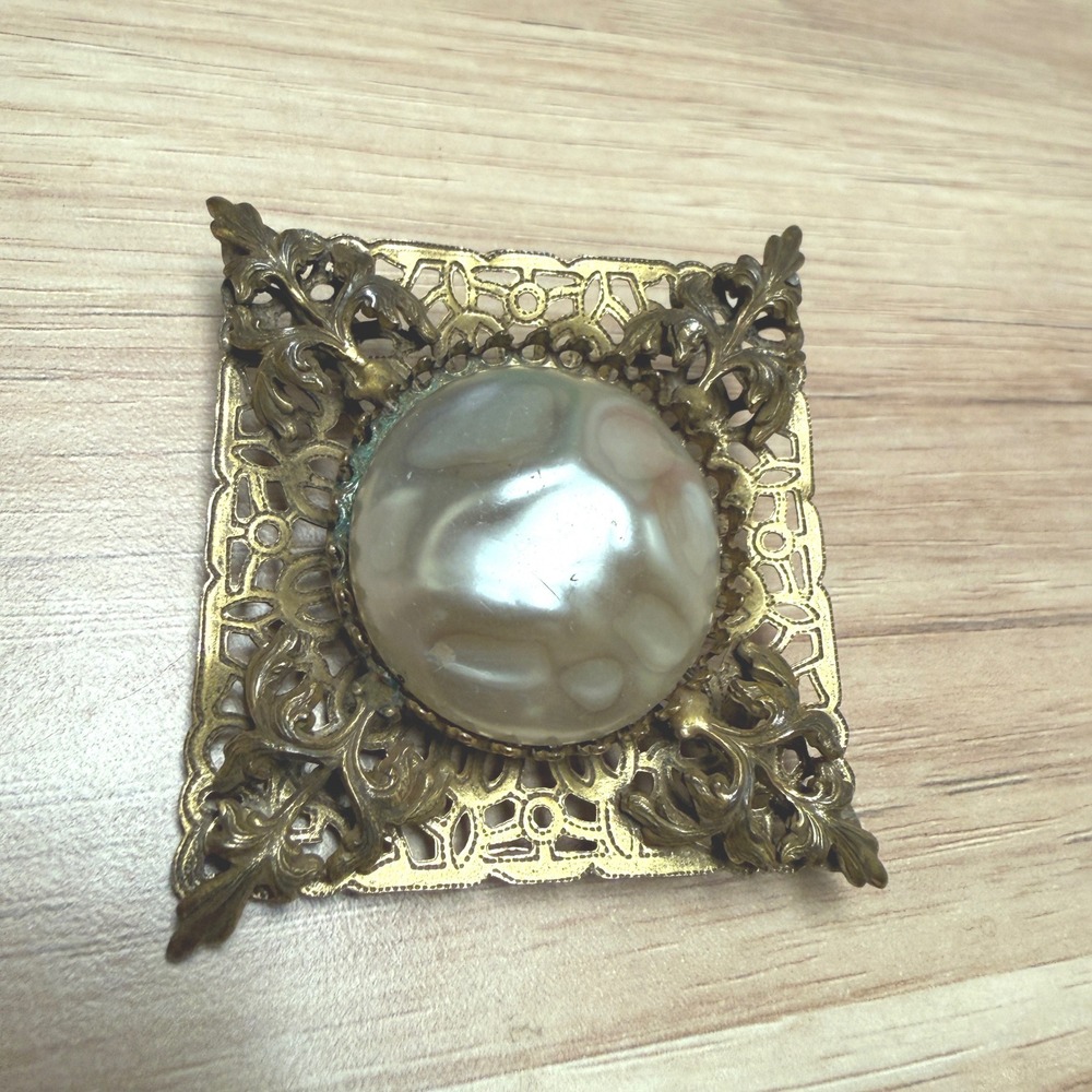 Vtg Brass Filigree Square Brooch Large Faux Pearl Victorian Revival Gold Tone